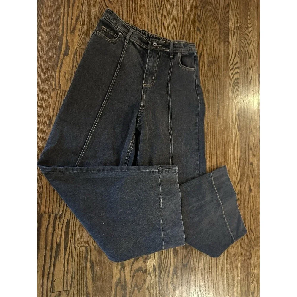 NWT New In Boutique Jeans‎ Large High Waisted Wide Leg Black Pull On Y2K Boho